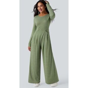 Halara Backless Round Neck Long Sleeve Casual Baggy Jumpsuit with Pockets Green